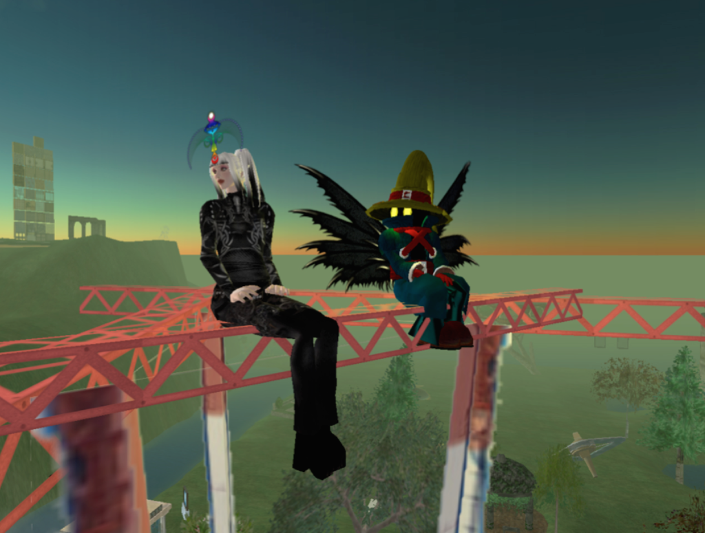 2 avatars sit next to each other on scaffolding in virtual world Second Life