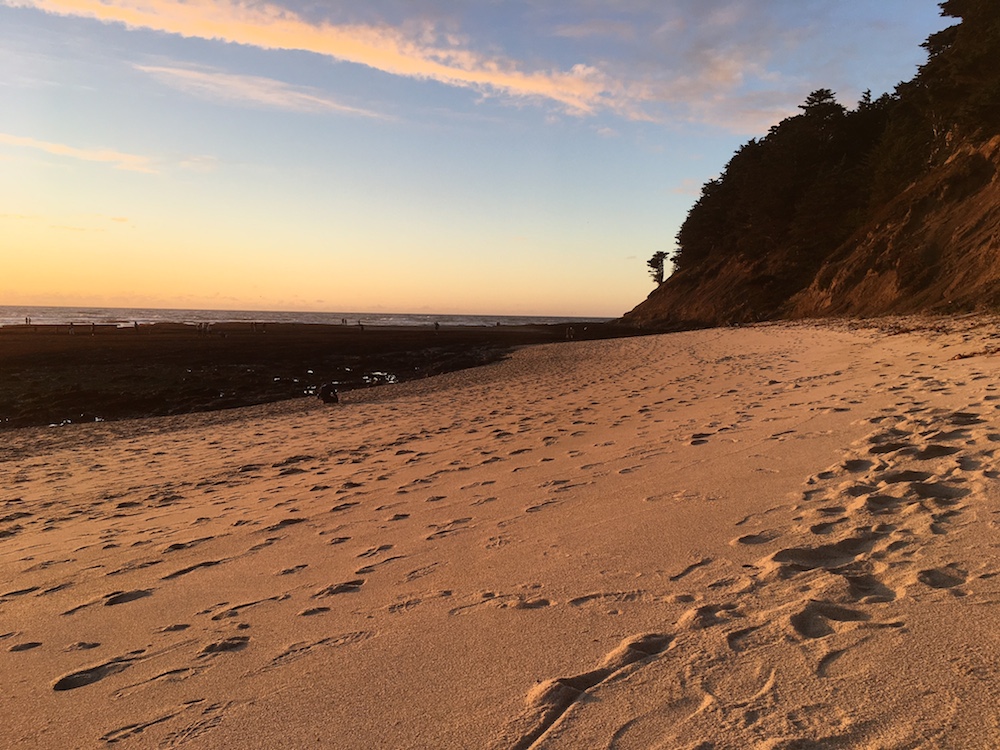 view of beach with footprints in sand, tide pools to the left and sunset colors in sky