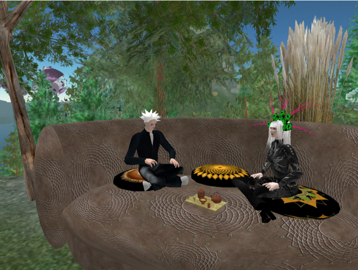 2 avatars sit on cushions in a garden with Japanese tea set in front of them
