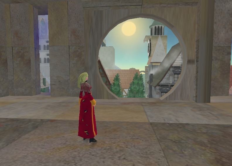 female avatar standing in modern looking building looking at sun through a round window