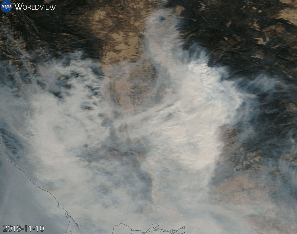 NASA photo dated 11-10-2018 of smoke from Camp Fire over Northern California